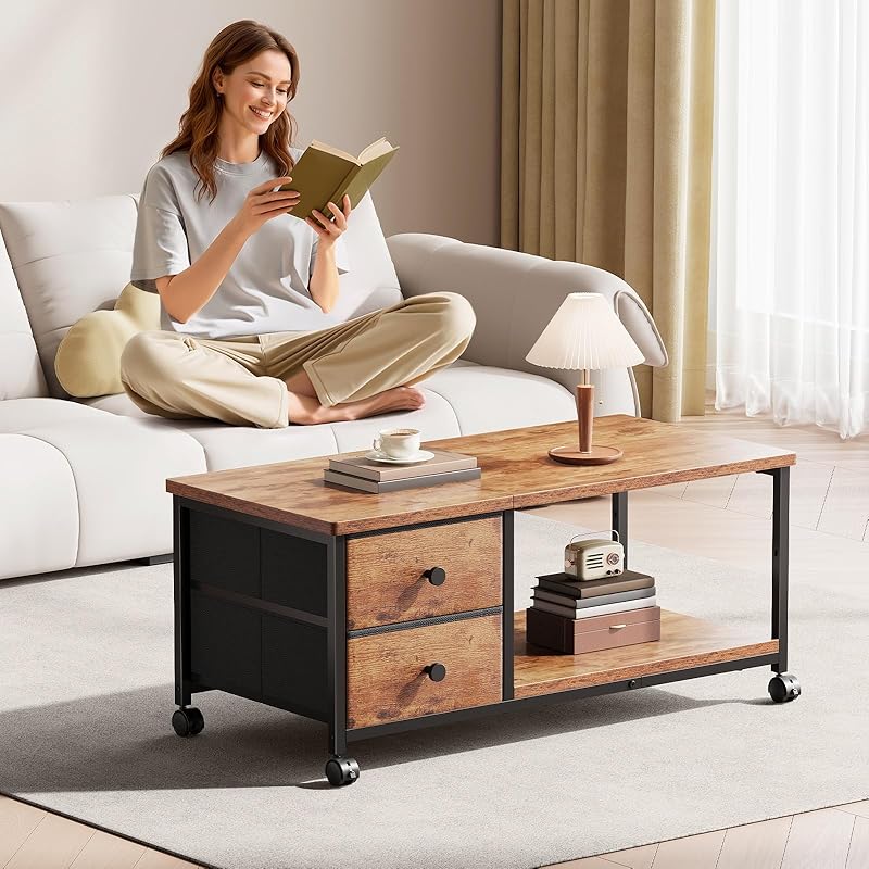 YeTom ローテーブル 一人暮らし センターテーブル キャスター付き リビングテーブル 収納付き 幅80*奥行40*高さ41cm ピンテージ