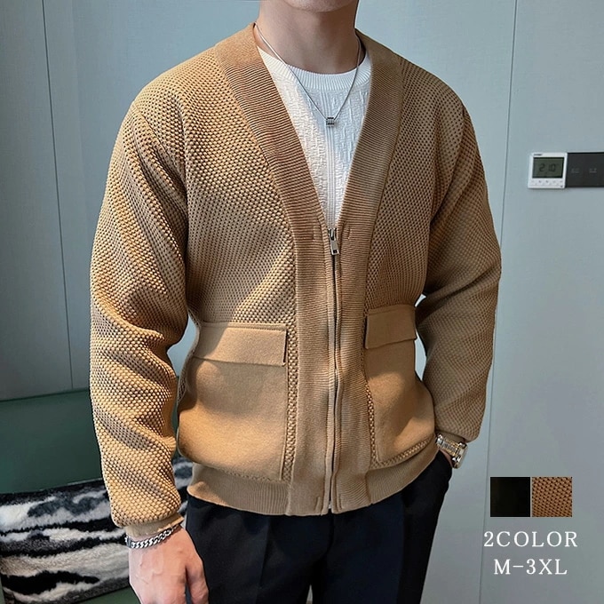 カーディガン メンズ ブルゾン ニットジャケット セーター ニットアウター ジップニット Vネック ジップアップ トップス ニット シンプル ビジネス 無地 長袖　秋冬 ストリート 韓国ファッション