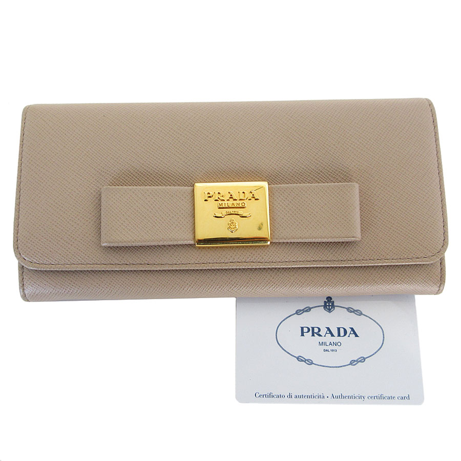 プラダ PRADA 二つ折り長財布 レザー グレージュ ゴールド レディース s0598a