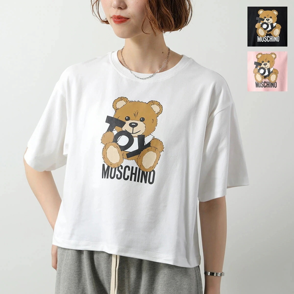 MOSCHINO KIDS モスキーノ キッズ 半袖 Tシャツ HDM06O LBA00 レディース ガールズ コットンブレンド クロップド丈 クルーネック ロゴT