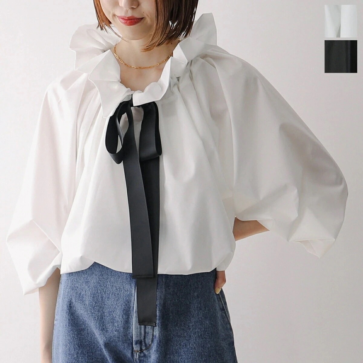 PICCIN ピッチン ブラウス 144610 レディース シャツ ビッグカラー リボン 長袖 ギャザー ラグランスリーブ オフショル カラー2色