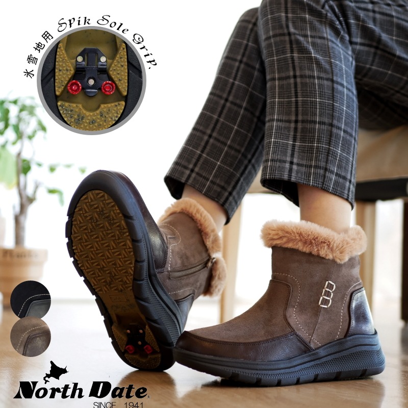 North Date ショートブーツ レディース ボア フェイクファー スパイクソール ファスナー 耐水 生活防水 フラット 防滑 防寒 北海道 3e 冬 雪 氷