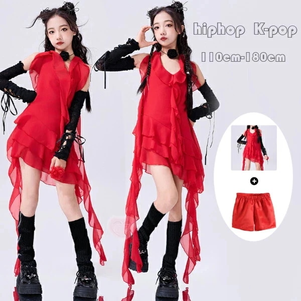 【3日出荷！2026新作】タイムセール キッズダンス 女の子 アシンメトリー ワンピース ショートパンツ ダンス衣装 キッズ ヒップホップ チア ステージ衣装 ジャズダンス 女の子 セットアップ レッ
