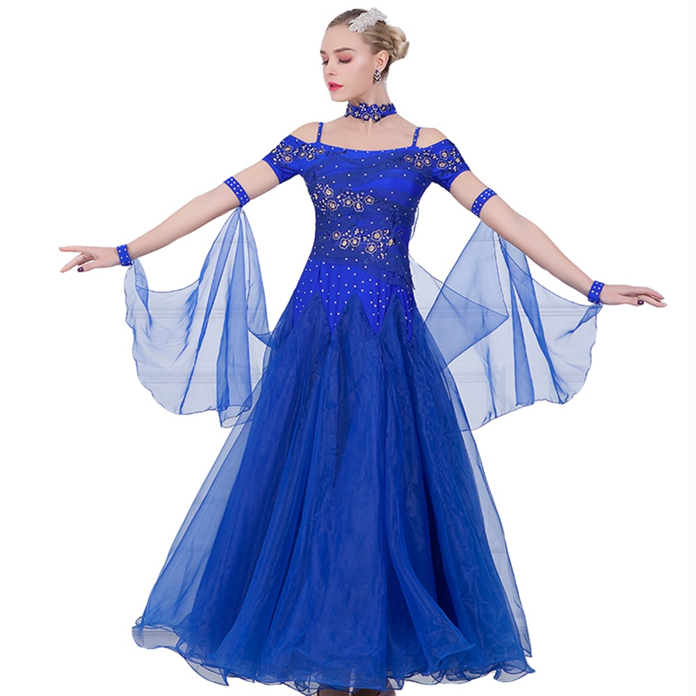 社交ダンス モダンドレス ワンピースドレス 大きい裾 豪華 演出服 刺繍 半袖 スタンダードドレス キラキラビジュー付き インターナショナルダンス 競技会 ワルツ服 練習着 競技用 ステージ衣装 パー