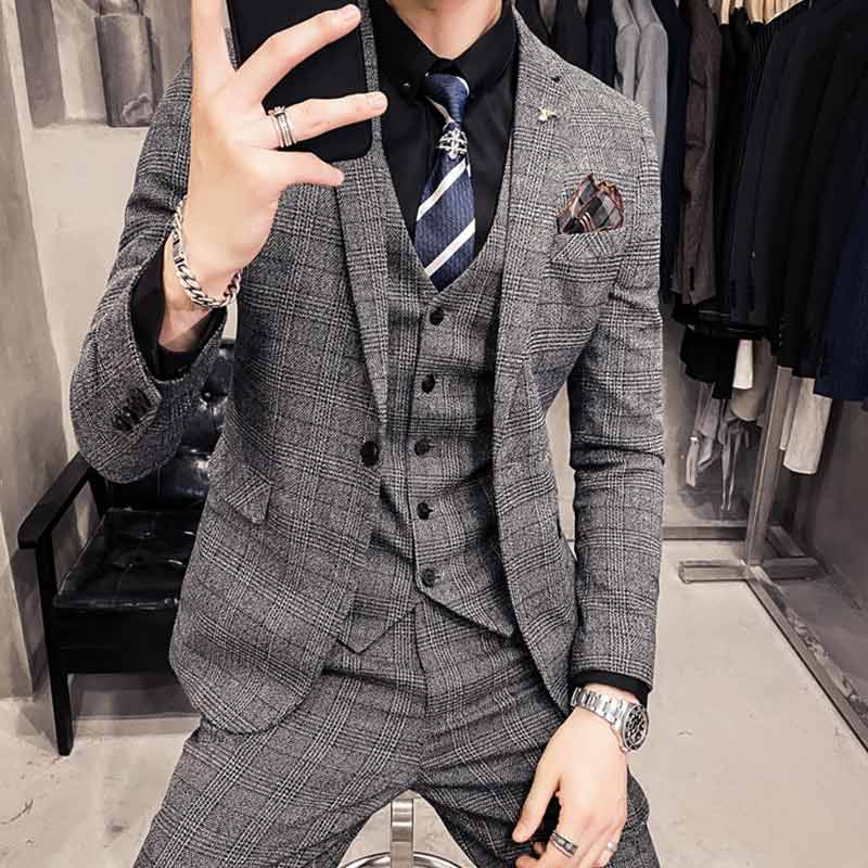 コスト全3色 メンズスーツ グレー チェック柄 スーツ メンズ 3点セット 紳士服 司会 結婚式 発表会 上質 ビジネススーツ 通勤 OL ブルー ブラウン スリム 着痩 スリーピーススーツ おしゃれ