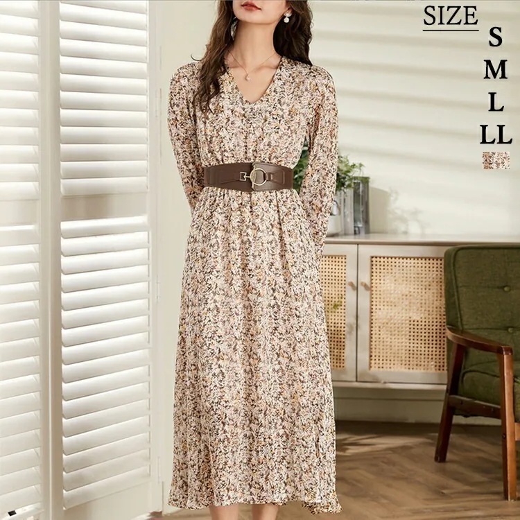 【急速出荷】プリントワンピース ワンピース レディース 長袖 ロング丈 ミモレ丈 ワンピ ロングワンピース 花柄 Vネック フレア Aライン S M L LL お呼ばれ おしゃれ きれいめ オフィス