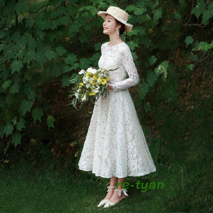 ウエディングドレス aライン 白 袖あり レース 花嫁 結婚式 二次会