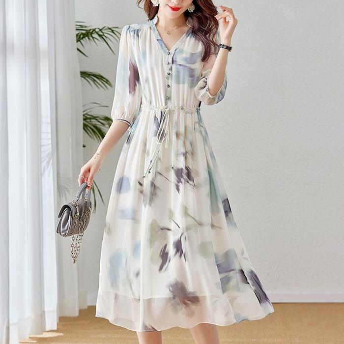ワンピース ワンピ ドレス 水彩柄 プリント レディース エレガント きれいめ カジュアル 大人 可愛い フェミニン ミモレ丈 透け感 シアー 五分袖 シフォン ゆったり Vネック ナチュラル ホワイ