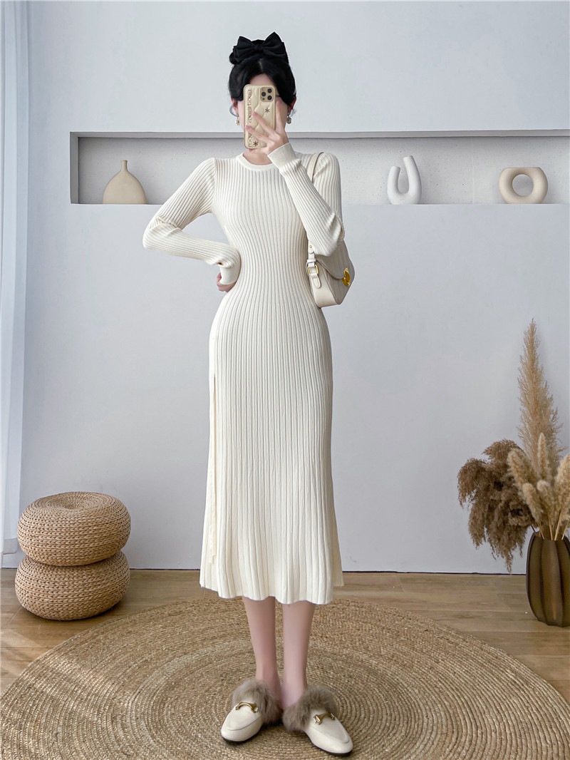 冬のインサイドアウトミドルレングスフレンチセーターワンピースレディース秋冬長袖ブラックボトムニットワンピースサブ