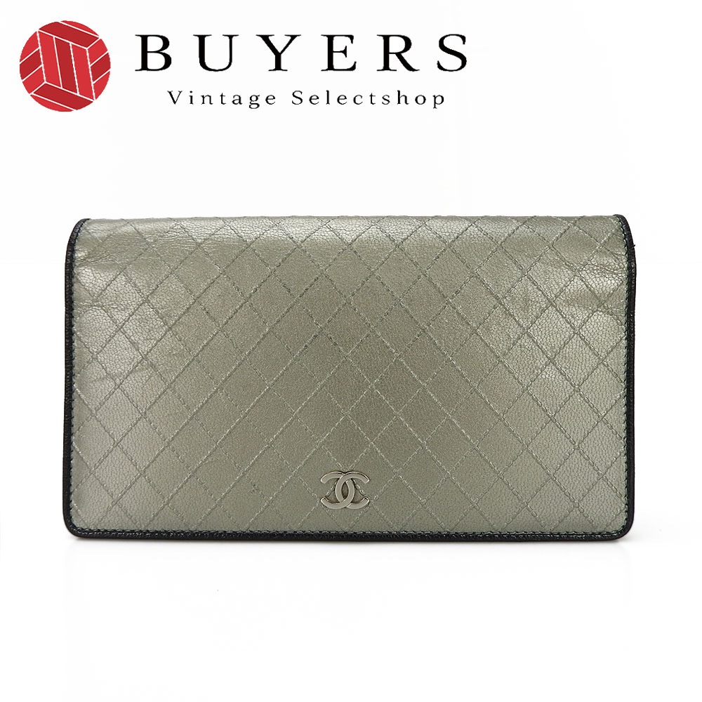 中古 シャネル 二つ折り長財布 CHANEL メタリックシルバー 11番台 ココマーク 小銭入れ付 シルバー金具 long wallet coco leather Metallic Silver【中古