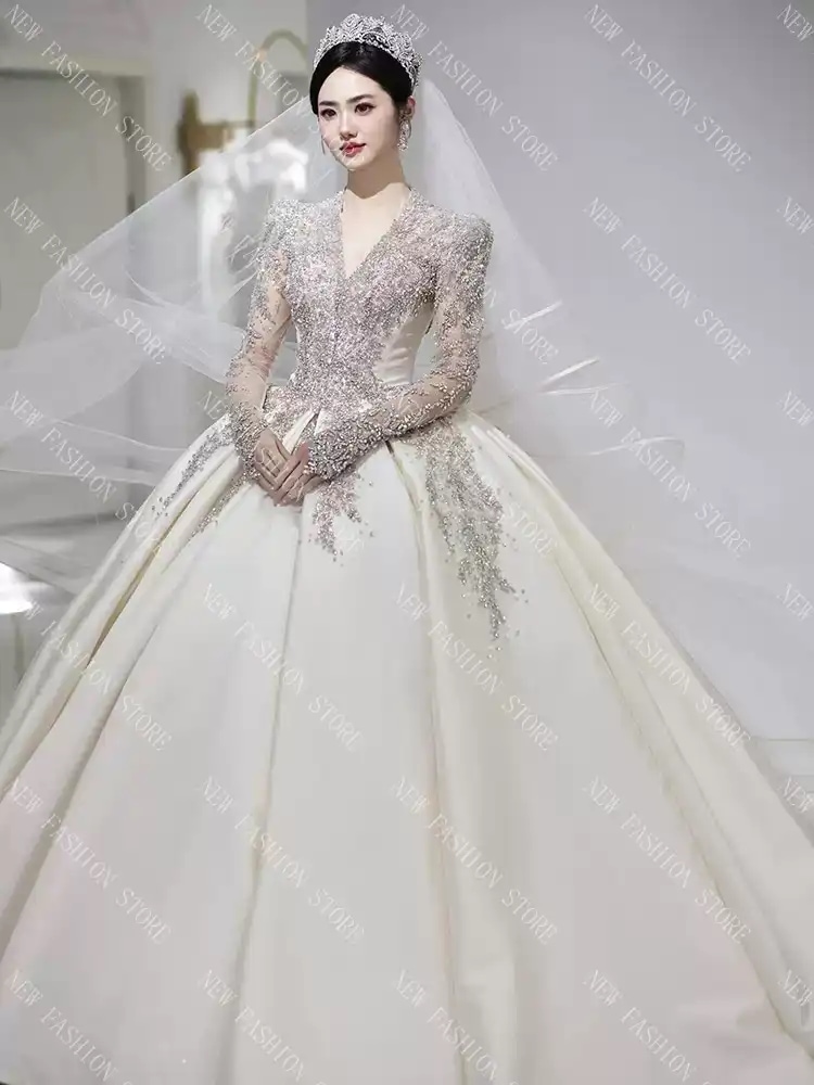 ウエディングドレス新型長袖vネックレトロフレンチドレスワンピース-50