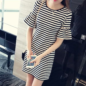 人気ロングtシャツワンピース夏服ストライプ半袖韓国ファッションレディースセクシーミニ