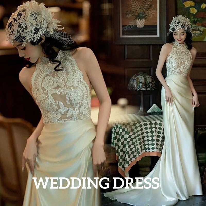 激安価格！レディースドレス 小柄 レースドレス ホワイト ロングドレス 花嫁ドレス 結婚式 撮影 前撮り ウェディングドレス イブニングドレス 無地 高級感 森系 誕生日 パーティー トレーン 礼服 6,380円