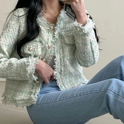 フリンジツイードジャケットp345915 レディース 【jk】 韓国ファッション アウター ジャケット ラウンドネック ノーカラー ツイード チェック フリンジ ショート丈 パーティー セレモニー