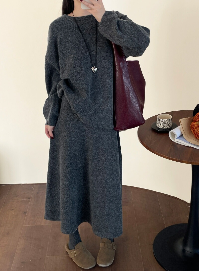 ニット セットアップ レディース 秋冬 春 セットアップ ニットセーター プルオーバー クルーネック セーター 長袖 ニットスカート ロング丈 マキシ丈スカート ゆったり シンプル カジュアル 2点