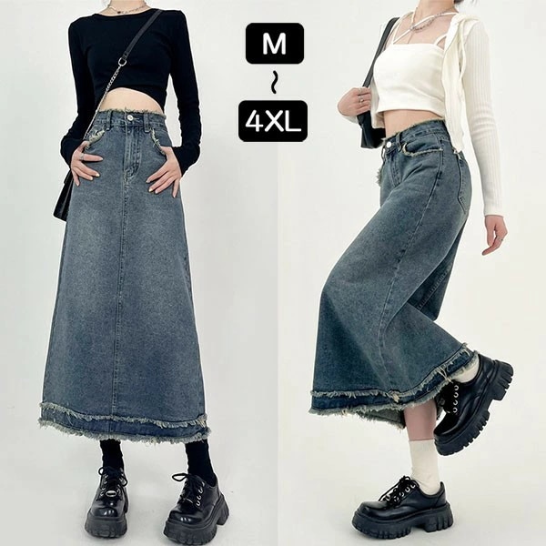 デニムスカート レディース ヴィンテージ加工 デニム素材 ミモレ丈 膝下 ロング ロングスカート 体型カバー 無地 痩せ見え 通勤 ペンシルスカート シンプル ゆったり 大きいサイズ 大人 ハイウエス