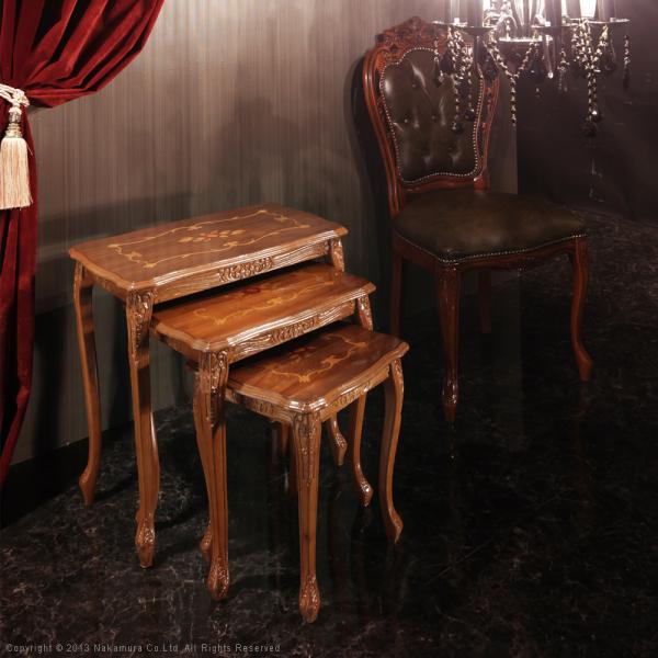 ネストテーブル 3連 おしゃれ ヨーロピアン 木製 高級家具 象嵌 装飾 模様 イタリア製 輸入品 インポート