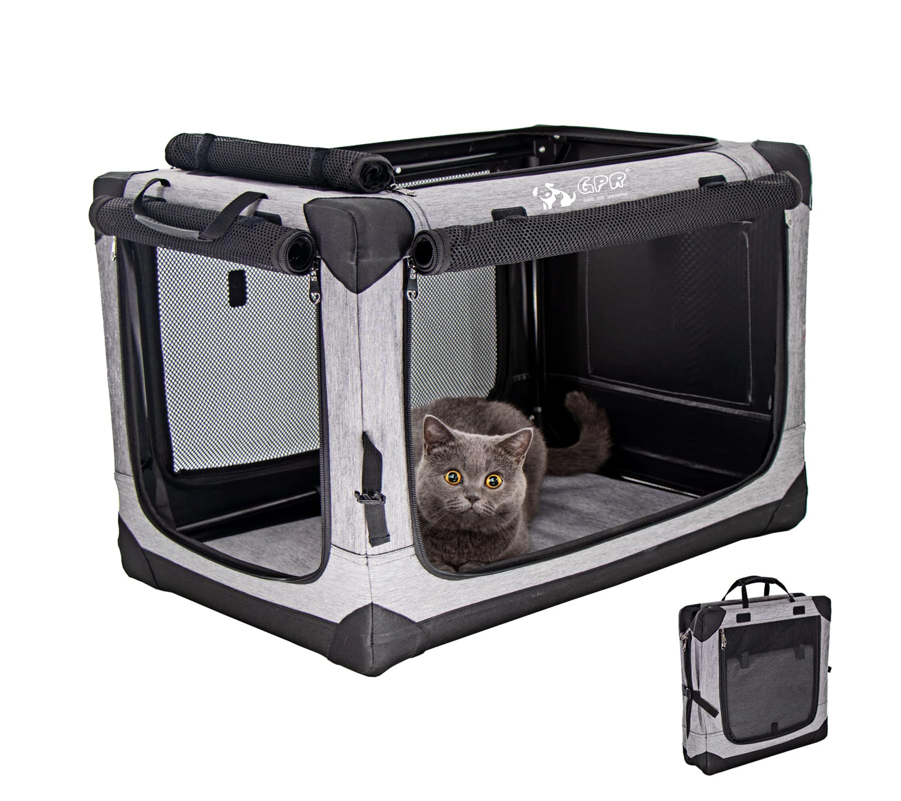 GPR ペット ソフトクレート ケージ ペットキャリー ペットハウス カバー取り外せる 4面メッシュ出入口 鉄フレーム 猫犬兼用 折りたたみ式 洗濯可能 (シルバグレー, M)