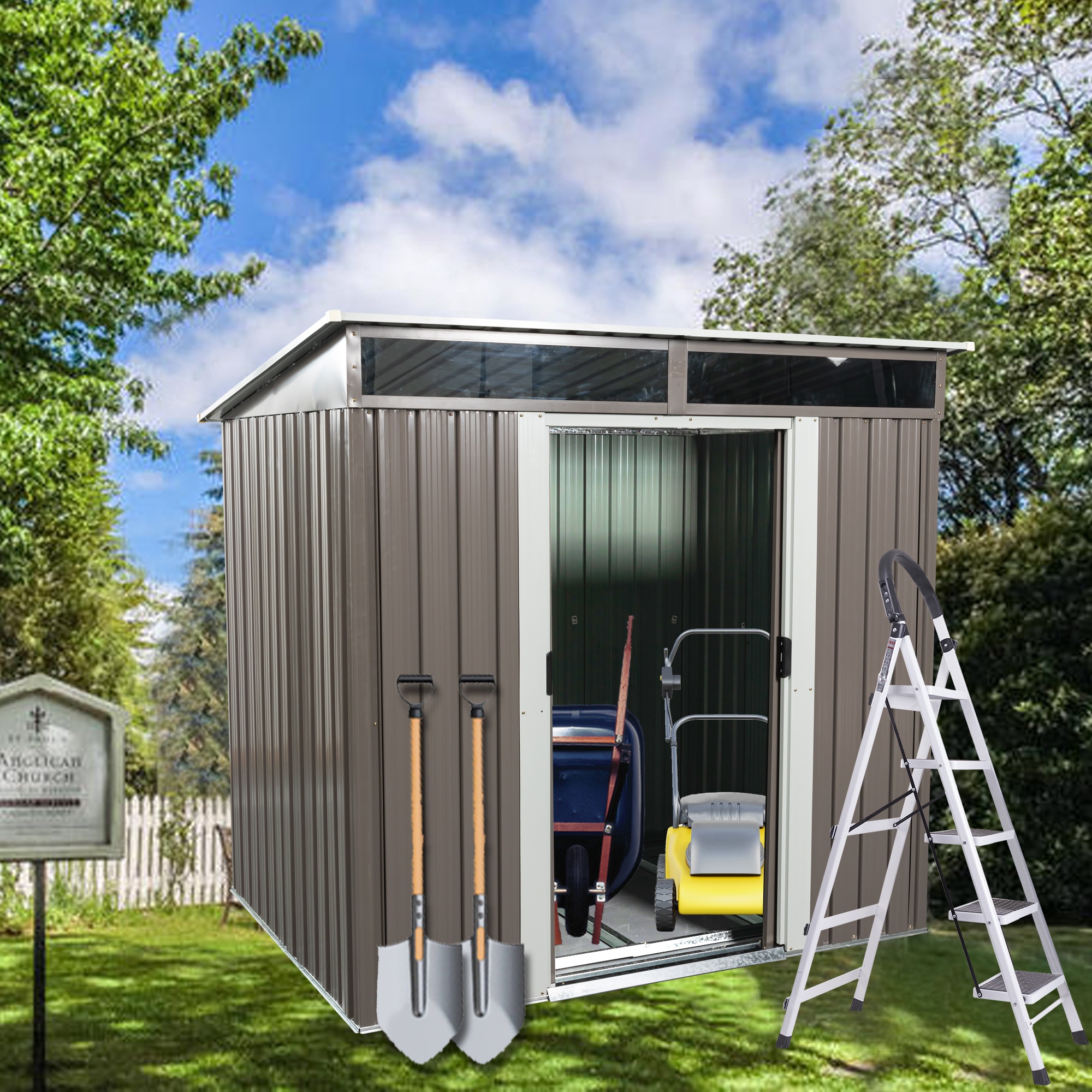 物置 屋外 戸外収納庫 スチール 幅195*奥行き150*高180 床材補強フレーム付 引き戸両開きタイプ 換気口付き 防さび ベランダ 防水 ガーデニング 庭372