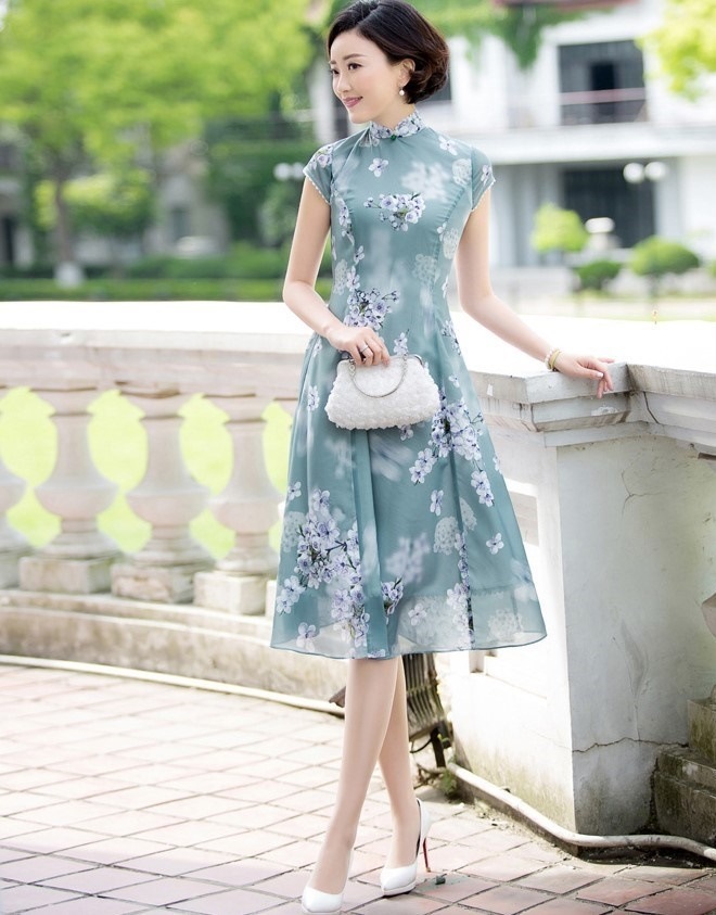 1949.チャイナドレス風ハイネック花柄ロングドレス（グリーン）2019 春夏 sale 春夏 sale ワンピース 半袖 シースルー フレア エレガント お呼ばれ パーティー 結婚式 披露宴 女子会