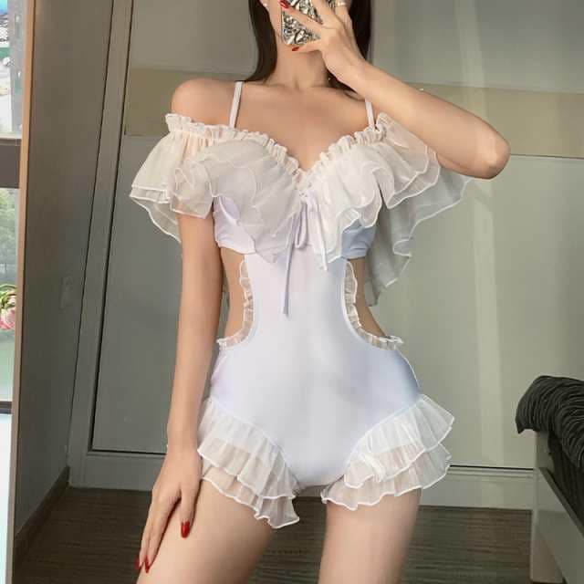 スイムウエア 水着 ワンピース ワンピース水着 半袖 オフショルダー オフショル フリル 胸元 谷間 胸パットあり カットアウトデザイン オルチャン 可愛い かわいい 大人可愛い シンプル カジュアル