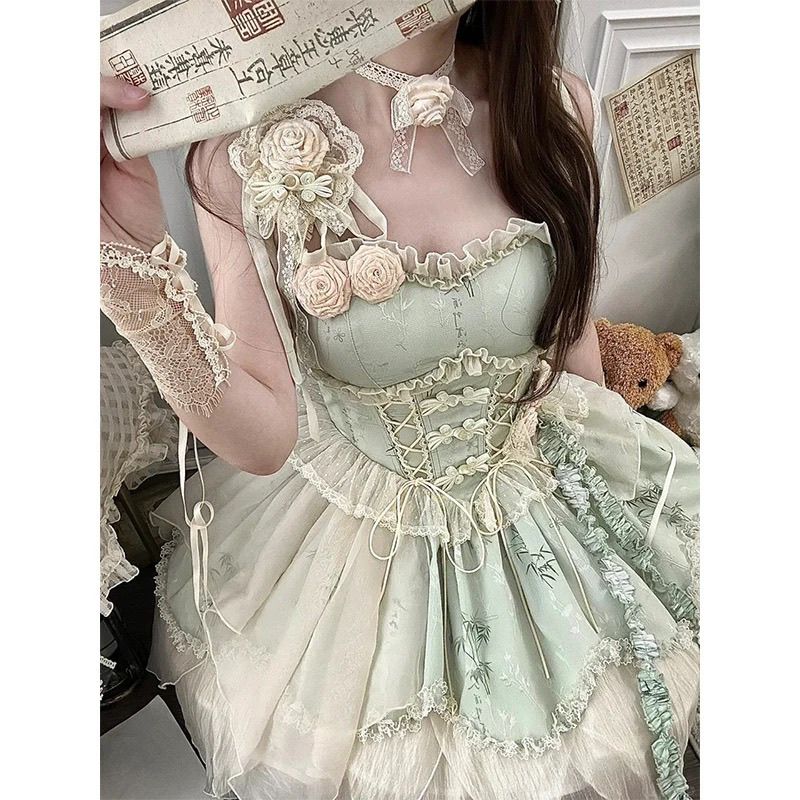 緑の竹の葉プリント新しいスタイルバレエスタイルエレガントな妖精ロリータスカートロリータスカートプリンセススカートワンピースドレスドレス