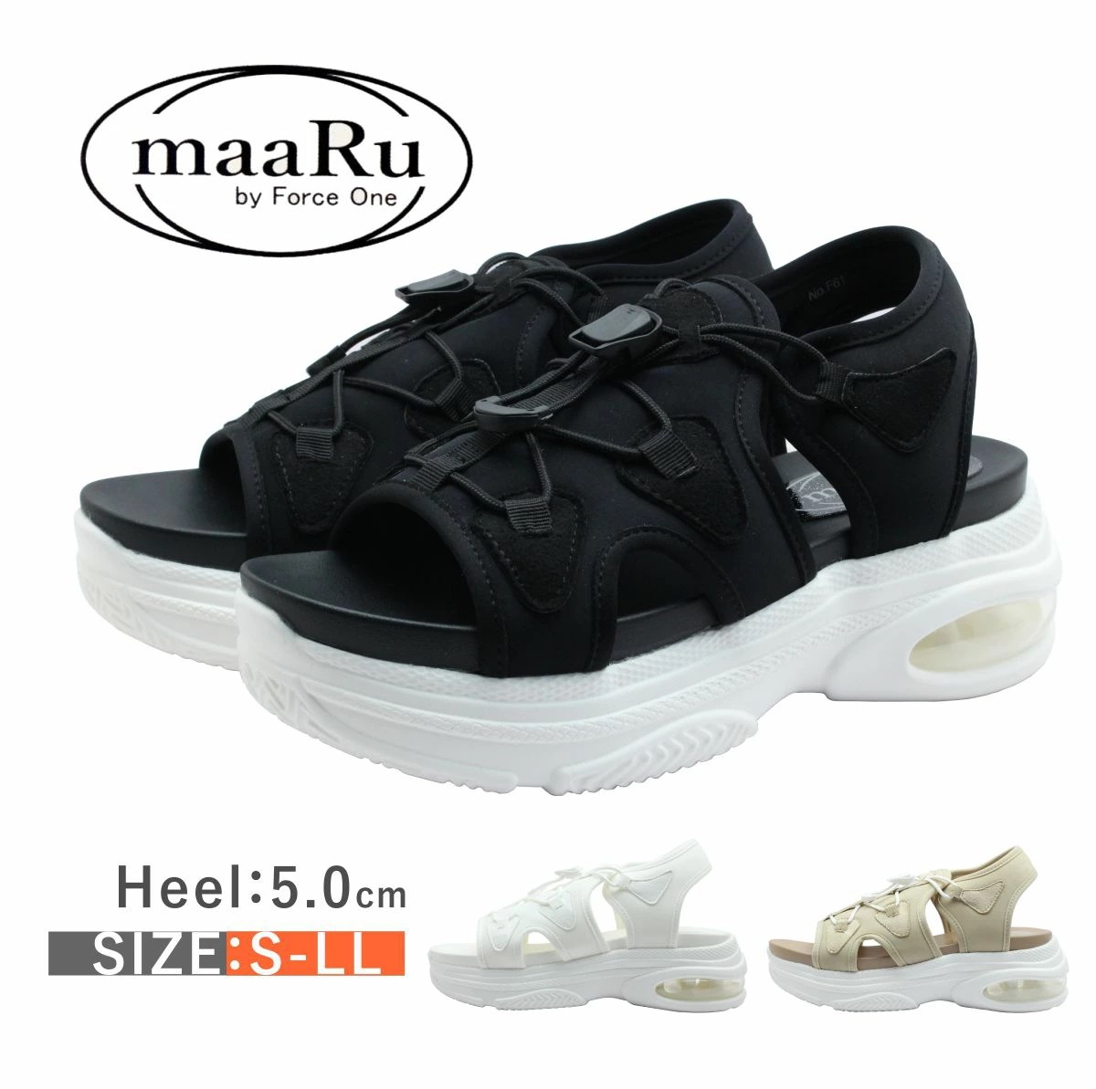 maaRu マアル レディース サンダル 61 エアクッション ストラップ 歩きやすい 厚底 靴 黒 白 ブラック ベージュ ホワイト