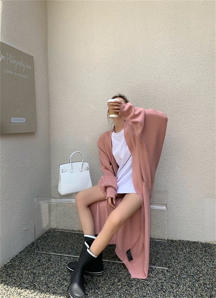 INSスタイル ニットトップス コート ドルマンスリーブ 柔らかい ピュアカラー スリム セーター ロングセクション カーディガン