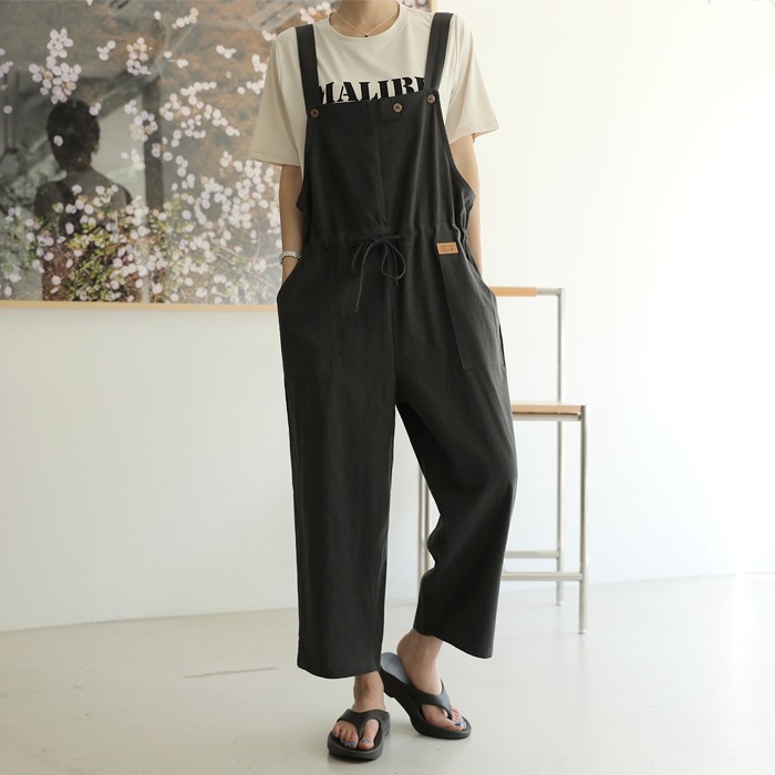 BBAEBBAE[韓国ファッション] ウエストゴム仕様 ストリング付き ワイドなシルエット リネンサロペットパンツ