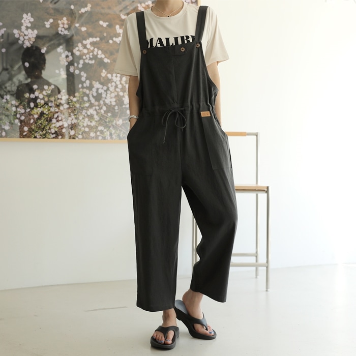 [韓国ファッション] ウエストゴム仕様 ストリング付き ワイドなシルエット リネンサロペットパンツ