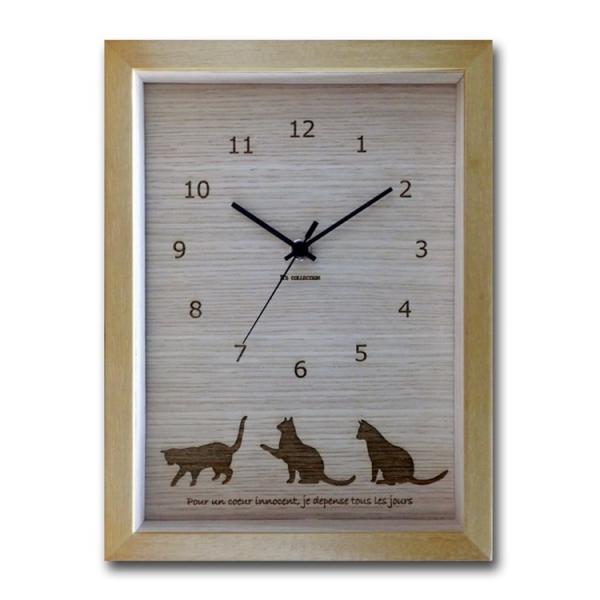 壁掛け時計 木製 アニマル 猫 ネコ ねこ ナチュラル クロック 20×27cm ガラス 静音 スイープムーブメント 北欧 インテリア おしゃれ Cat