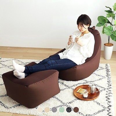 立ち上がりラクな 背もたれ 付き ビーズクッション ソファ + オットマン 1人掛け 日本製 特大 10011