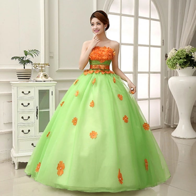 オレンジ　カラードレス　フォーマルドレス　レース　花柄　ロングドレス　パーティードレス ワンピース カラードレス　二次会 演奏会 披露宴 結婚式 発表会　忘年会　演出舞台