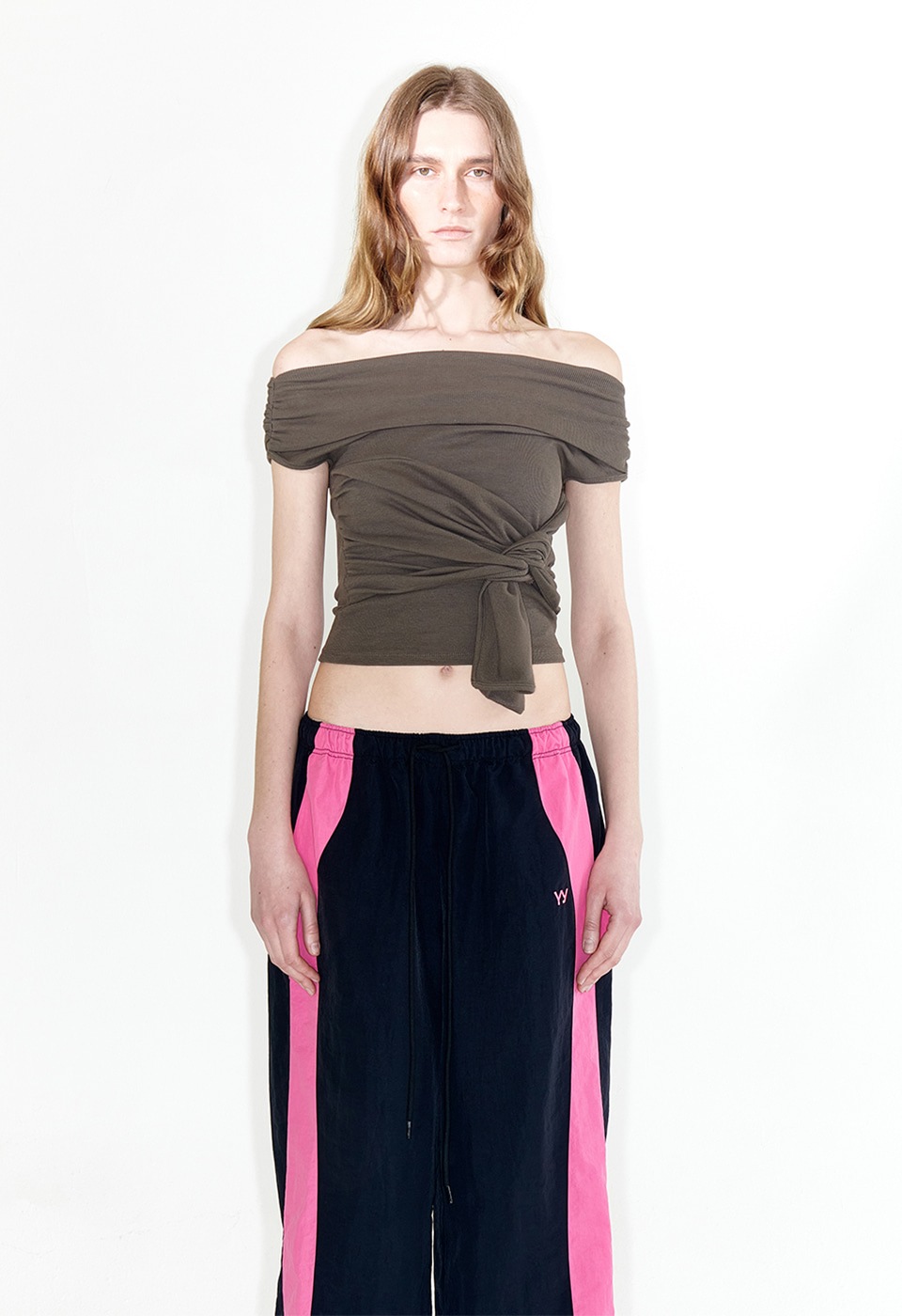 【OPEN Yy】 KNOTTED OFF-SHOULDER TOP : BROWN