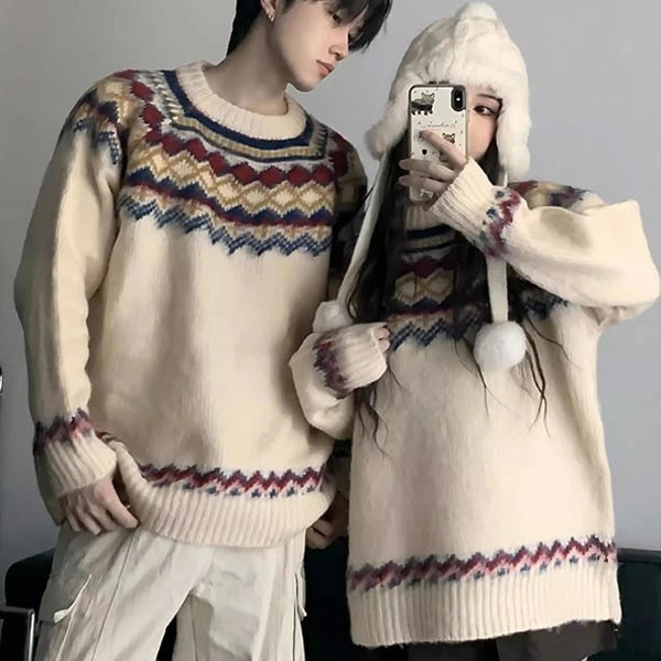 セーター ペアルック メンズ レディース お祝い プレゼント クリスマス ニット ベージュ 秋冬 カップル 恋人 親友 友達 姉妹 韓国 おしゃれ 可愛い 暖かい トップス 旅行 S M L XL 2