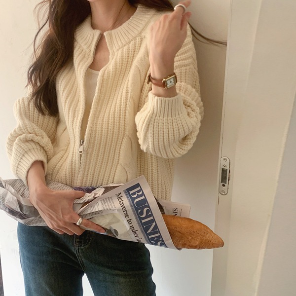 韓国ファッション ラウンド ハチ ジップアップ 長袖 ニット カーディガン