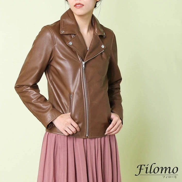 ライダースジャケット レザー レディース ダブル ラムレザー レザージャケット M L アウター 本革 レディースジャケット ナッパ加工 ブラウン バイカー ブランド Filomo フィローモ 大人