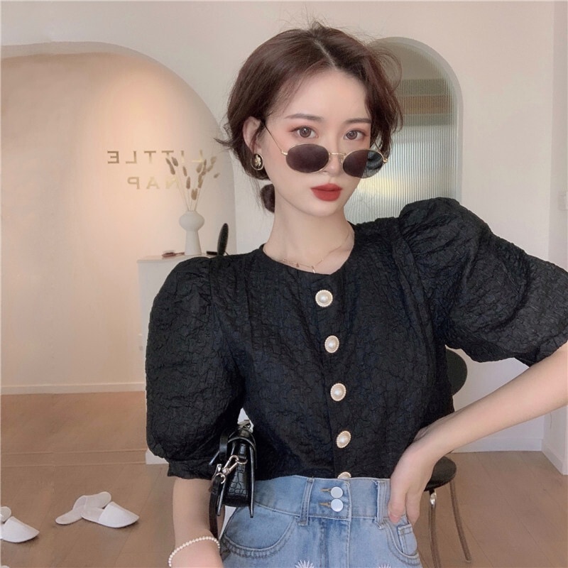 トップス ブラウス 袖あり 半袖 パフスリーブ ラウンドネック 前開き 大人可愛い きれいめ シンプル カジュアル 大人 上品 おしゃれ お洒落 大人女子 こなれ感 無地 春 夏 10代 20代