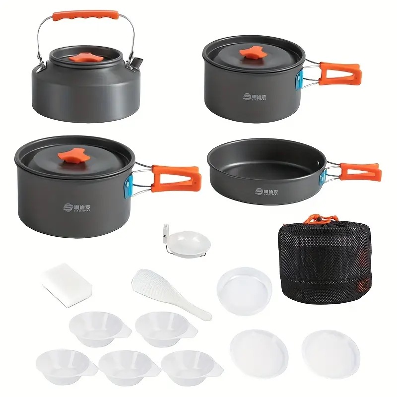 アウトドア キャンプ ピクニック用 アルミニウム合金 折りたたみ 調理器具セット 5-6人用 ティーポット フラットボトムポット メッシュ収納バッグ付き バックパッキング ハイキング 耐久性のある ア