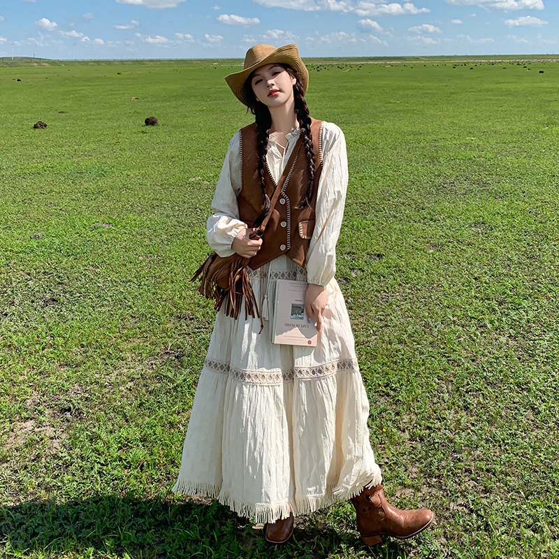 英国ヴィンテージレース時代削減ウエストコートドレスセット2024秋ミラド織りラップロングスカート