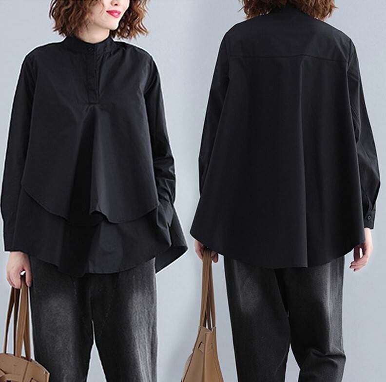 トップス シャツ ドレープ スタンドカラー 袖あり 長袖 ワイド 薄手 かわいい 可愛い きれいめ シンプル カジュアル 大人 上品 おしゃれ お洒落 かっこいい 大人可愛い 大人女子 こなれ感 ラフ