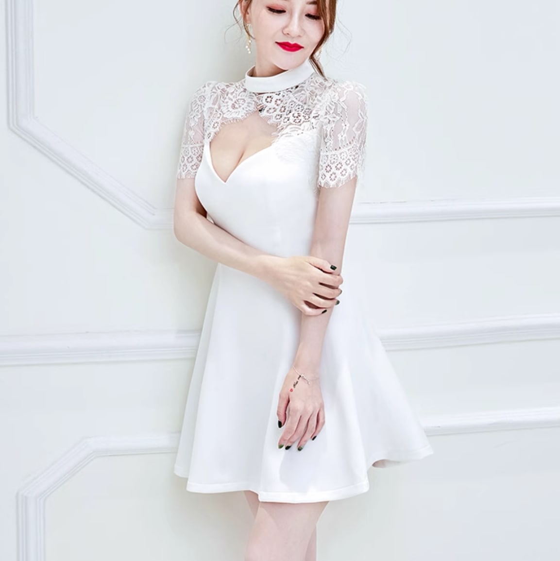 ワンピース ドレス レディース ドレス ミニ ショート 膝丈 半袖 フレア タイト スリム 細身 Aライン フェミニン レース 透け感 シースルー ギャザー かわいい 大人可愛い きれいめ シンプル