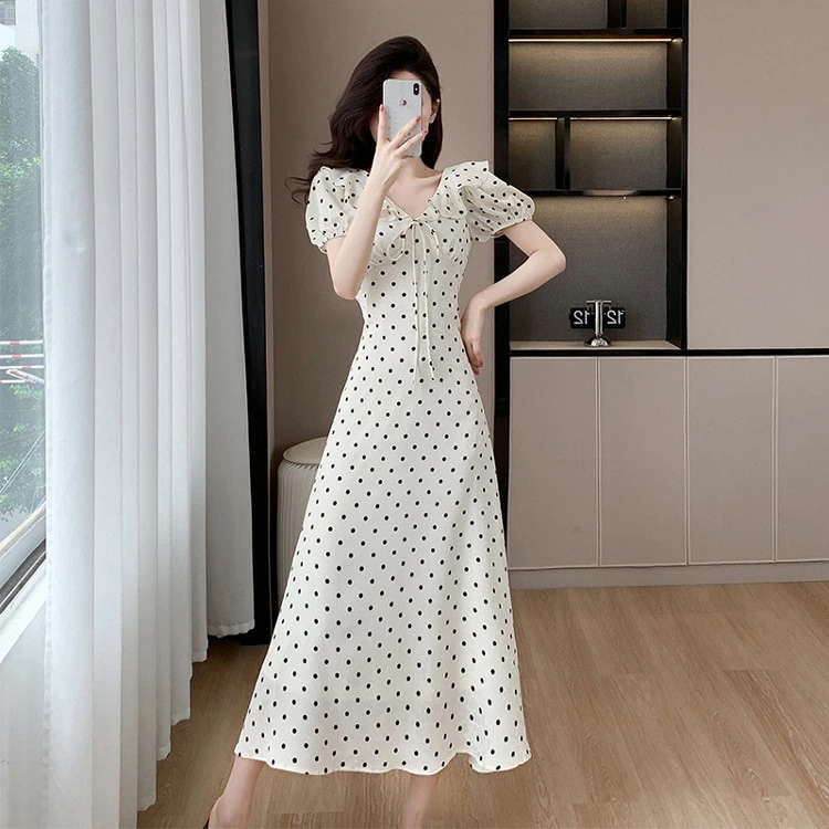 ワンピース 全2色 ドット柄 フリル 花柄 リボン ゴム袖 パーティードレス ワンピース Aライン ワンピース キュート 半袖 ロング丈 ロングワンピース きれいめ おしゃれ 上品 エレガント 春 夏