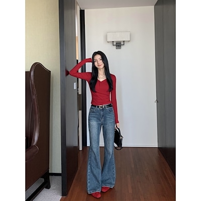 レトロな紺色のワイドジーンズ女性秋の高腰トランペット