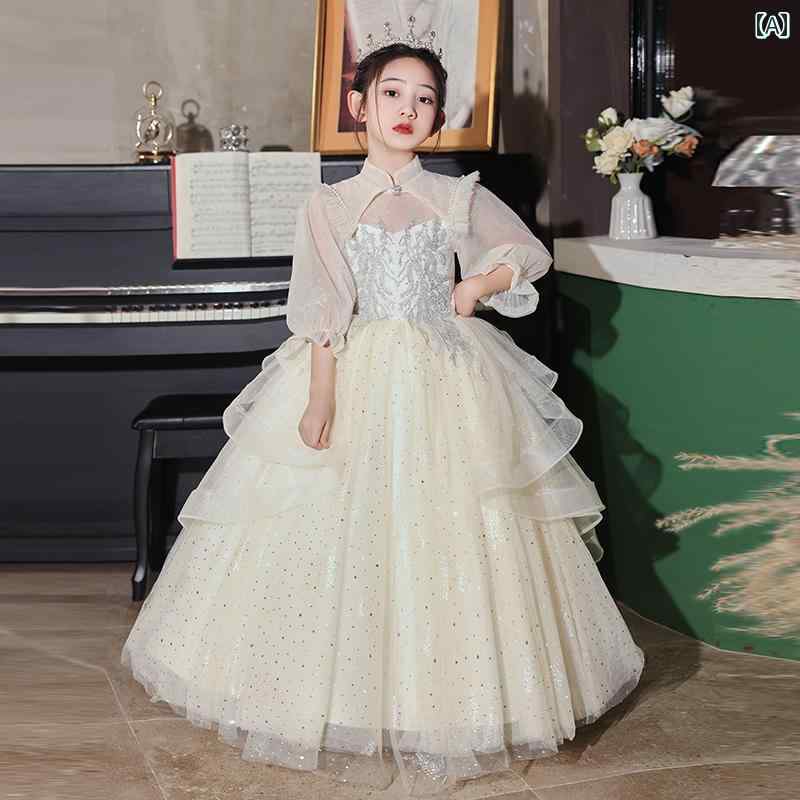 キッズ 女の子 イブニングドレス プリンセス フラワーガール 演奏会 ピアノ 発表会 結婚式 セレモニー エレガント シンプル 長袖 パフォーマンス