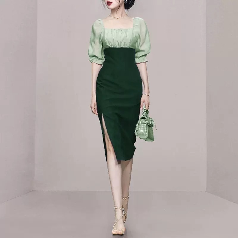 レディース ワンピース 胸下切り替え 5分袖 パフスリーブ フリル袖 スクエアネック 襟なし タイト スリム 細身 Iライン フェミニン スリット サイドスリット ファスナー ハイウエスト