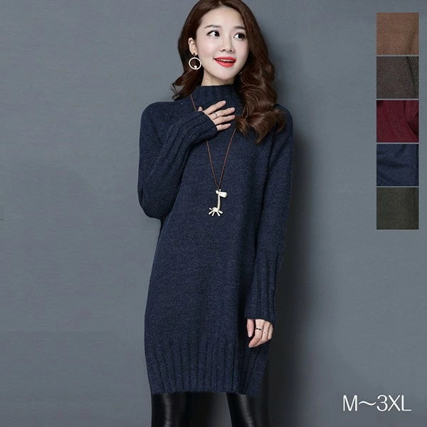 ニットワンピース 秋冬 チュニック 長袖 セーター トップス ニット 秋冬 ニットソー ハイネック ゆったり カジュアル ワンピース オシャレ スリット入り 膝上丈 無地 大きいサイズ 黒 赤bs04