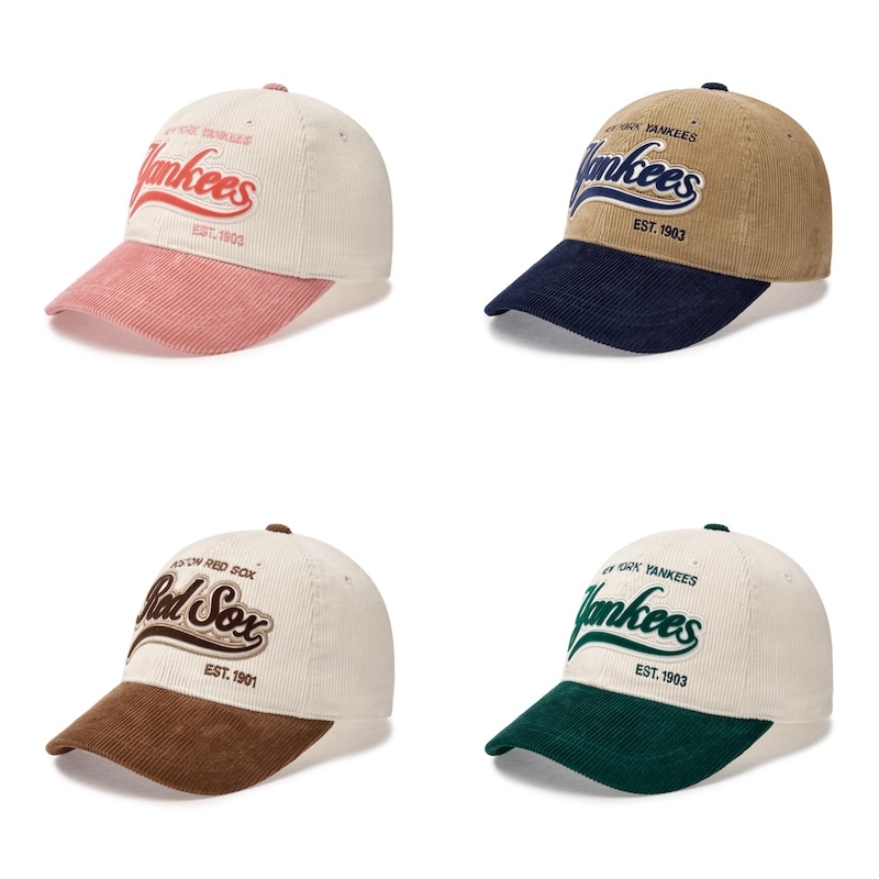 3ACPVC146韓国限定販売 男女共用 バーシティ コーデュロイ レタリング 配色 ベースボールキャップ ニューヨークヤンキース
