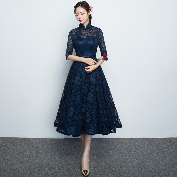 パーティードレス 結婚式 ワンピース ドレス 二次会 シースルー ピアノ 発表会 大人 上品 パーティードレス ドレス フォーマル レディース ロング丈 ひざ下 5分袖 長袖 レース