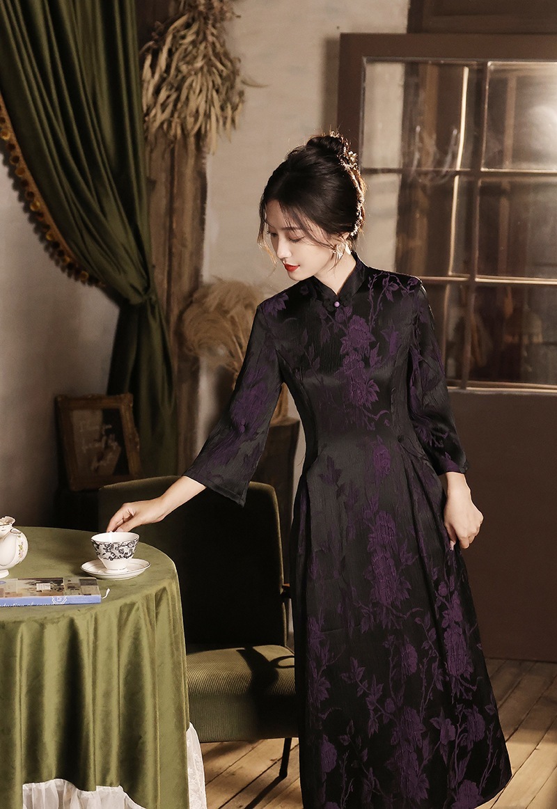 2024秋冬チャイナドレス改良チャイナドレスレトロデイリーアオザイジャカードシルクロングスタイルファッション気質